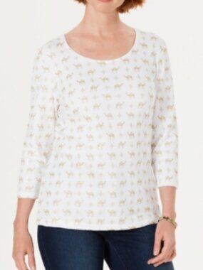 Karen Scott Womens White Gold Camel Print Crewneck Top S